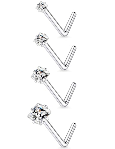 Lsnevsie 18G Nose Rings Studs Piercing Jewelry For Women Men 18 Gauge 316L Surgical Stainless Steel L Shaped Nose Rings Studs Nostrial Piercing Jewelry for Women Square CZ 1.5mm 2mm 2.5mm 3mm Silver