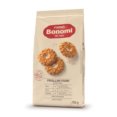 Forno Bonomi Frollini Fiori. Biscotti ottimi sia per la tua colazione che come snack. Da gustate da soli o inzuppati in latte, té o caffè. Confezione da 750 g