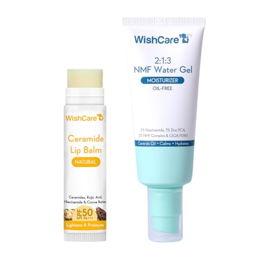 Image of WishCare Lip & Face Hydration Combo | Ceramide Lip Balm SPF 50 PA+++ with Kojic Acid & Niacinamide + NMF Water Gel Moisturizer with Niacinamide & CICA | Helps Oil Control & Provides Deep Hydration
