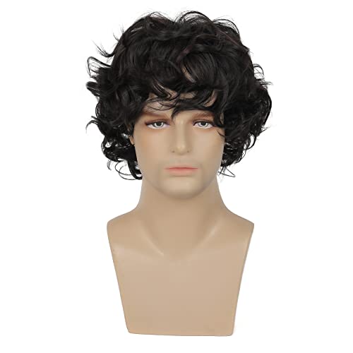 Beweig Mens Short Curly Black Wig With Bang Synthetic Cosplay Halloween Costume Party Natural Hair Wig #TOP1