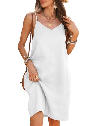 Image of Women's 100% Linen Dress Spaghetti Strap Adjustable Strap V Neck Sleeveless Sundress Summer 2026 Beach Vacation