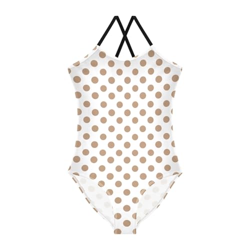 senya Girls Swimsuits One-Piece Swimwear Tie Bathing Suit Beach Summer Round Neck 9-10T White Background Brown Polka Dots Pattern