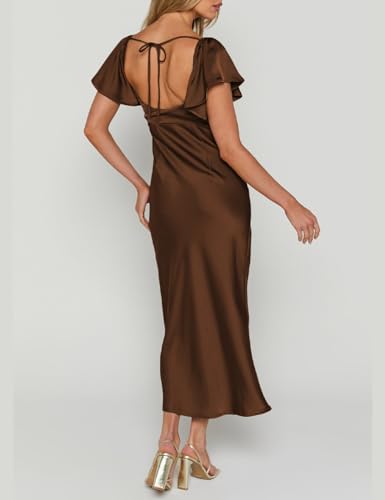 Image of Summer Satin Flutter Sleeve Wedding Guest Dresses for Women Sweetheart Neckline Cutout Tie Back Midi Cocktail Dress