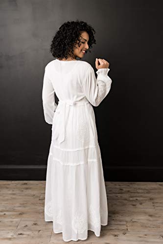 Women's Modest White Full Length Long Sleeve Cotton Special Occasion Dress with Button Down Front3