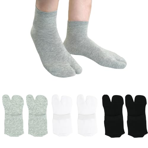 Women's Flip Flop Split Toe Tabi Socks Athletic Cotton Crew Length Quarter Ankle Two Toe 6 Pack Black White Gray