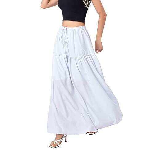 Women Loose A-Line Maxi Skirt Solid Color Casual Summer Elastic Drawstring Skirt Dress Beaches Club Streetwear3