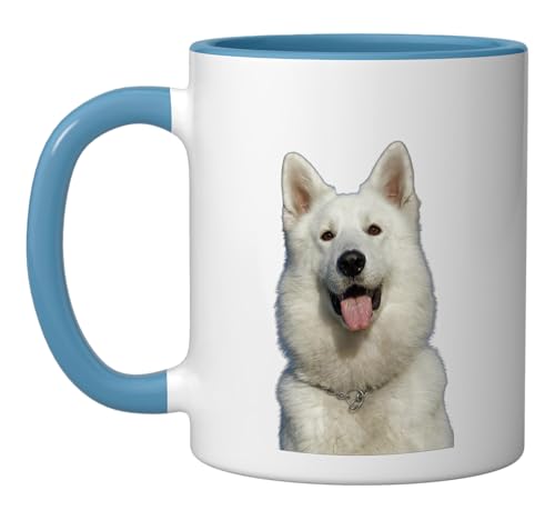 Taza de cerámica blanco y azul diseño perro pastor blanco suizo miniatura 1