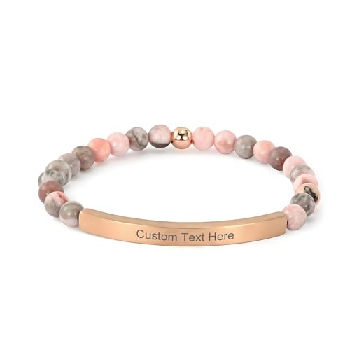 cusurlove Personalized Bracelets for Women Men Couple,18K Gold Plated Stainless Steel Bar Custom Engraved Name Message Quotes Natural Gemstone Beaded Stretch Bracelet (6 mm)