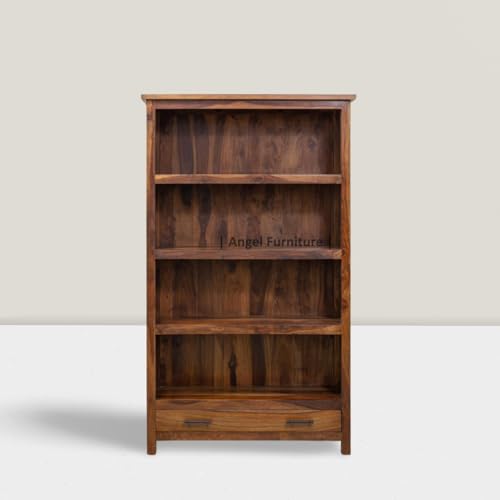Image of ANGEL FURNITURE Solid Sheesham Wood Bookshelf with Drawer | Large Full-Size Storage Rack | Honey Finish, Semi-Gloss | 100x40x175 CM Honey Finish