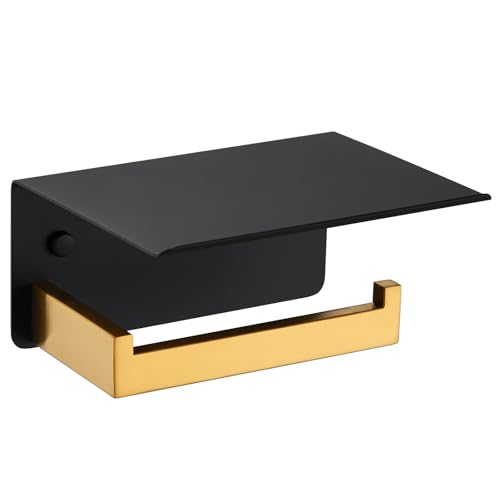 Image of Angle Simple Toilet Paper Holder with Shelf, Black and Gold