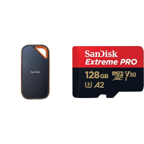 SanDisk Extreme PRO Portable SSD Externe SSD 2 TB & Extreme PRO microSDXC UHS-I Speicherkarte 128 GB + Adapter & RescuePRO Deluxe