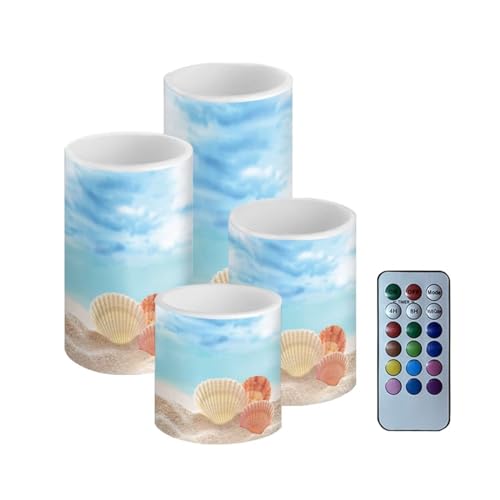 Image of Flameless Candles with Remote Control, Set of 4, Color Changing Flickering Flameless LED Pillar Candles with Battery Operated, Beach Seashell Blue Decor