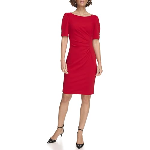 Image of DKNY Women's Short Sleeve Ruched Knee Length Sheath Dress with Button Detail