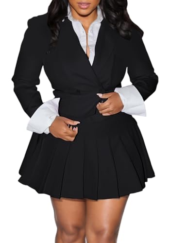 Ptorlio Women Business Casual 2 Piece Outfits Cropped Blazers Jackets and Pleated Mini Skirt Matching Sets Suits