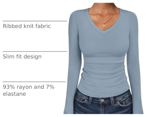 Image of ANRABESS Long Sleeve Shirts for Women Fall V Neck Slim Fit Tops Basic Tee