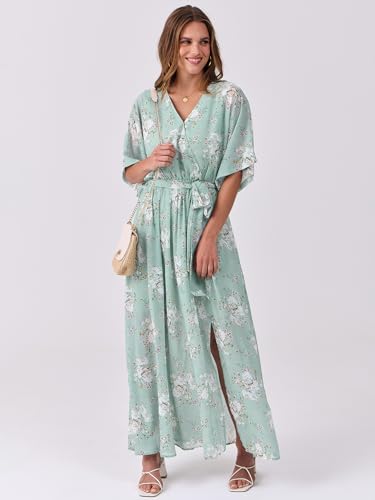 Image of ANRABESS Womens Boho Floral Wedding Guest Maxi Dress | Flowy A-Line Chiffon with Slit, Elegant V Neck Wrap Elastic Waist, Casual 1 /2 Sleeve Spring Summer Outfits, Tea Party