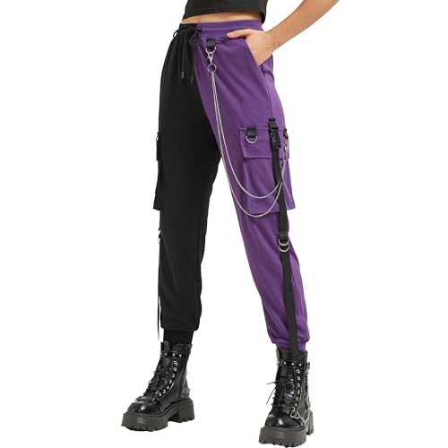 MEINVQIAOTI Schwarze Cargohose für Damen Techwear lockerer Streetrock-Stil lässig Schwarze Hose mit Kette Gothic-Hose Violett und Schwarz X-Groß