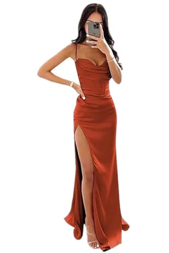 Women's Satin Prom Dresses with Slit Formal Long Mermaid Spaghetti Straps Ruched Evening Party Gowns4