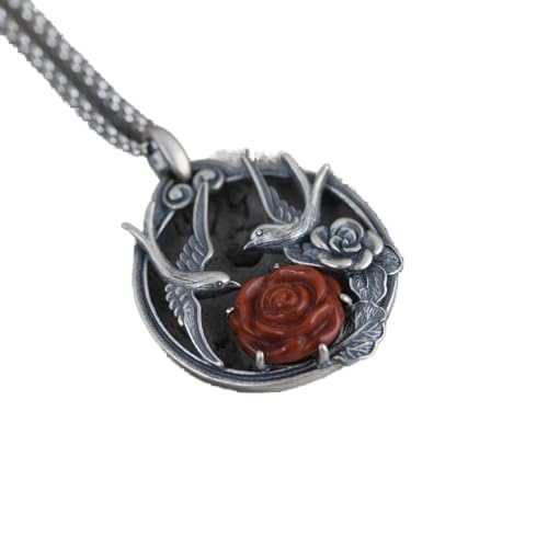 Collier Vintage Pivoine en Argent et Agate Rouge pour Style Élégant au Quotidien