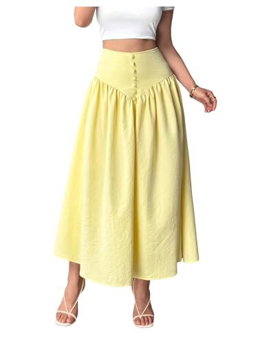 MakeMeChic Women's Linen Skirt High Waist Button Ruffle Hem A Line Flowy Maxi Skirts