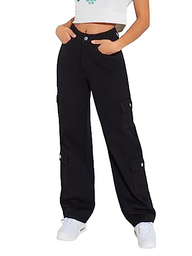WDIRARA Women's Cargo Denim Pants High Waist Straight Leg Boyfriend Jeans with Pocket
