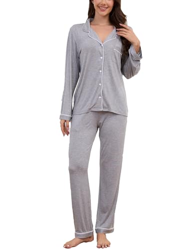 Image of Button Up Pajamas for Women Long Sleeve Sleepwear Soft Loungewear Ladies Pjs Set XS-XXL