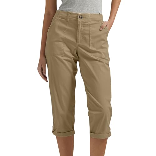 Dressy Capri Pants for Women Button Elastic Waist Capris Chino Pants Summer Knee Length Bermuda Shorts with Pockets