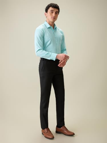 Image of Raymond Men Slim Fit Solid Pattern Poly Viscose Elastane Blend Flat Front Formal Trouser