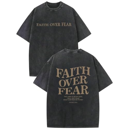 KEEVICI Boys Faith Over Fear Shirt Christian Jesus T Shirts for Kids Bible Verse Religious Graphic Tees Acid Wash Tshirt(Black 150)