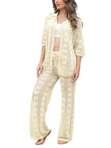 Famulily Womens 2 Piece Crochet Knit Cover Up Summer Beach Coverups Set with Short Sleeve Button Tops and Long Pants