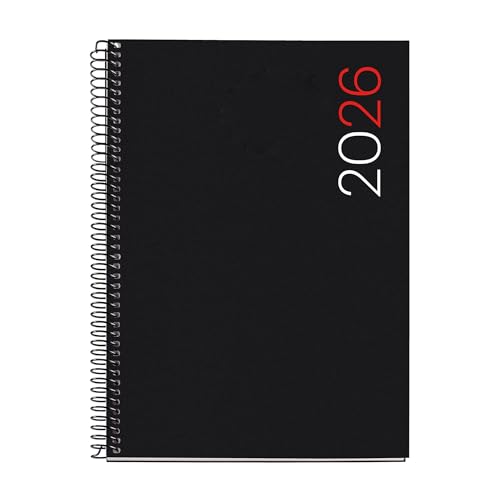 Miquelrius - Agenda 2026 día por página, Similar A5+ (155 x 213 mm), Cubierta flexible polipropileno, Espiral, Papel 80 g/m², Planificador diario, Catalán-EN-PT, Color negro