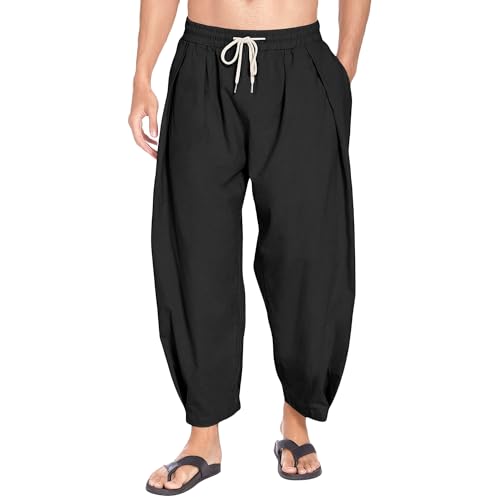 Men's Elastic Waist Baggy Stylish Beach Pants Tapered Solid Cotton Linen Trousers Casual Comfort Yoga Summer Pants