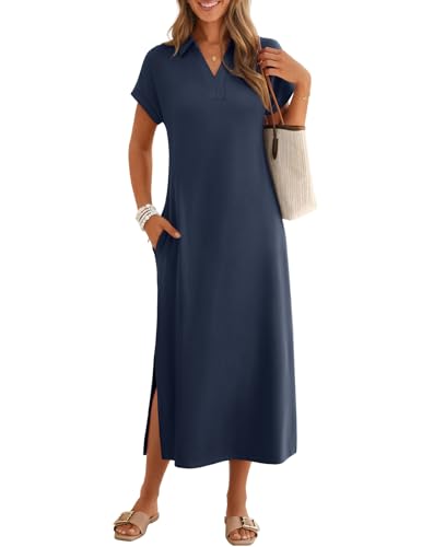 MEROKEETY Womens Summer Casual Maxi Dress 2026 Cap Sleeve V Neck Collared Beach Vacation T Shirt Long Dresses Navy Medium