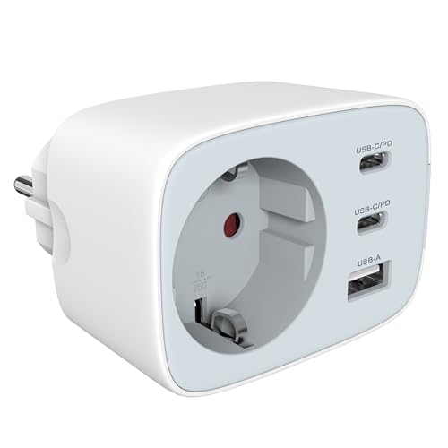 4-in-1 Schuko Mehrfachstecker mit USB-C PD 20W und USB-A TÜV/GS zertifiziert Steckdosenadapter für Haus und Reise 16A 3680W
