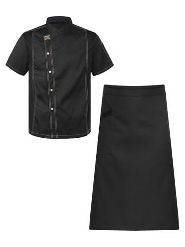 YEAHDOR Mens Womens Unisex Chef Uniforms Short Sleeve Chef Coat with Pure Color Aprons Kiitchen Black X-Large