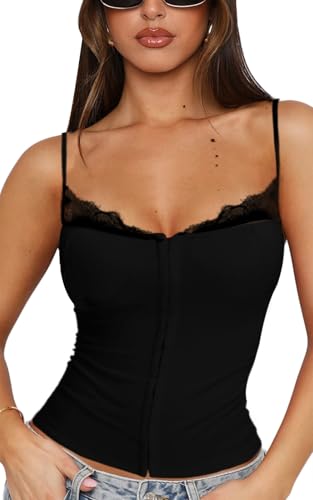 Women Lace Trim Tank Cami Top with Built in Bra Cute Padded Lingerie for Summer Date Night Going Out
