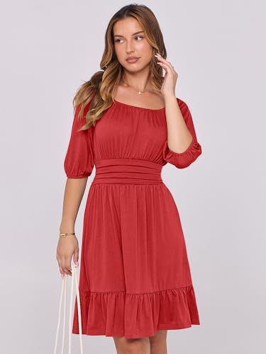 Image of ANRABESS Womens Lantern Short Sleeve Square Neck Casual Flowy Mini Dresses 2026 Holiday Summer Spring Beach Vacation Clothes