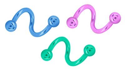 playful piercings 3 pc lot Neon Aqua Green, Lt Purple, Bright Blue Anodized Titanium Twist Spiral Ring Lip Tragus Eyebrow Ear Belly Nipple - 16 Gauge, 16g