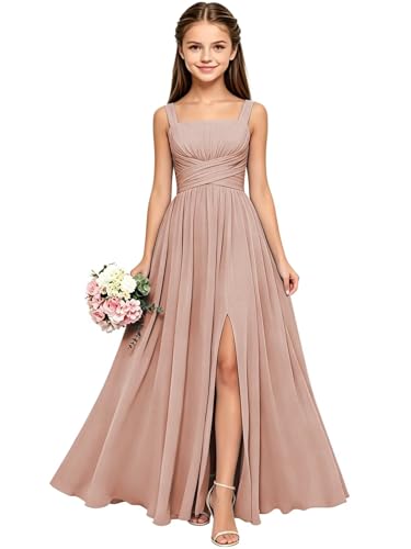 Farichos Chiffon Junior Bridesmaid Dresses Dusty Rose Spaghetti Straps Girls Formal Dresses Ruffle Long First Communion Dress 4T
