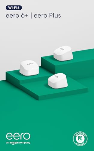 Image of Amazon eero 6+ mesh wifi system with eero Plus annual subscription (auto-renews) - Coverage up to 4,500 sq. ft., Connect 75+ devices, 3-pack