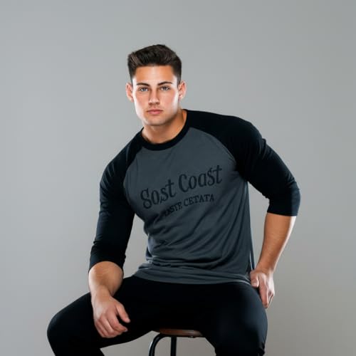 Image of HOT BUTTON Raglan Pattern Round Neck Slim Fit Full Sleeves Casual T Shirt for Men Black & Grey Pack of 1