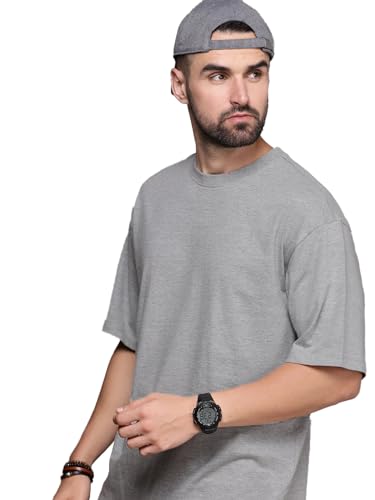 Image of LEOTUDE Half Sleeve Oversized Tshirt for Men, Round Neck Cottonblend Drop Shoulder Solid T-Shirt (Color Multicolor)