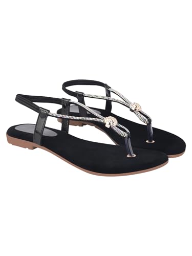 Image of Shoetopia Women's Embellished T-Strap Flats - Crystal Detail Toe Loop Sandals with Cushioned Black Footbed, Slip-On Ethnic Casual Comfort Flats