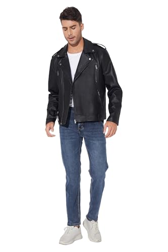 Fahsyee Faux Leather Jacket Men - Black Bomber Jackets Motorcycle Stand Collar Lightweight Zip-Up Slim Fit Biker Coat2