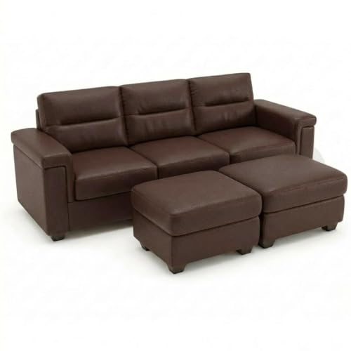 Image of FURNY Parker 3 Seater Sofa Set with 2 Ottoman | Premium Leatherette Finish | Durable Comfort Sofa for Modern Living Room & Office Spaces