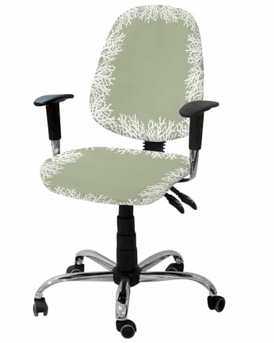 Sage Green Coral 2 Pieces Computer Office Chair Covers Set,Stretchable Desk Rotating Chair Seat Cushion Slipcover Back Covers,Minimalist Coastal Nautical Marine Life Slipcover Back Cover Protector