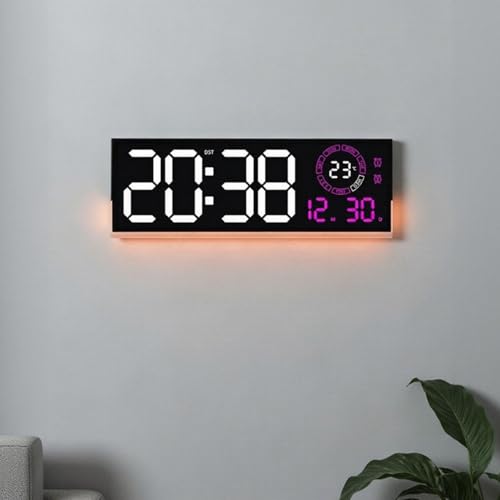 Grande horloge murale numérique à luminosité réglable couleur rose