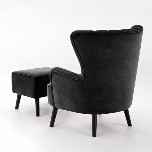 Image of Rosebell Velvet Accent Chair with Ottoman - Modern Upholstered Lounge Chair with High Back, Tufted Design & Comfortable Reading Chair for Living Room, Bedroom, Office-Black