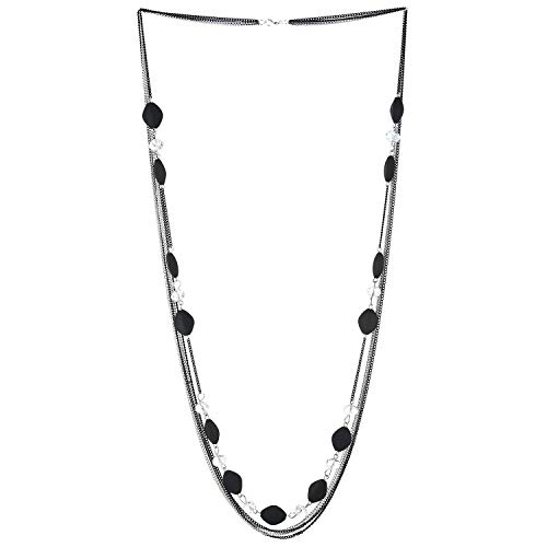 COOLSTEELANDBEYOND Argent Noir Statement Collier Argent Multi Couches Long Chaîne Noir Acrylique Perle Cristal Perles Charmes Pendentif
