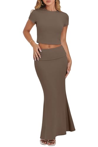 Image of CHYRII Womens Two Piece Sets Short Sleeve Crewneck Cropped Top Bodycon Fold Over Maxi Skirt Maxi Dress Outfit